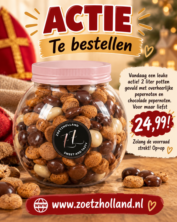 2 liter snoeppot gevuld met pepernoten, chocolade pepernoten