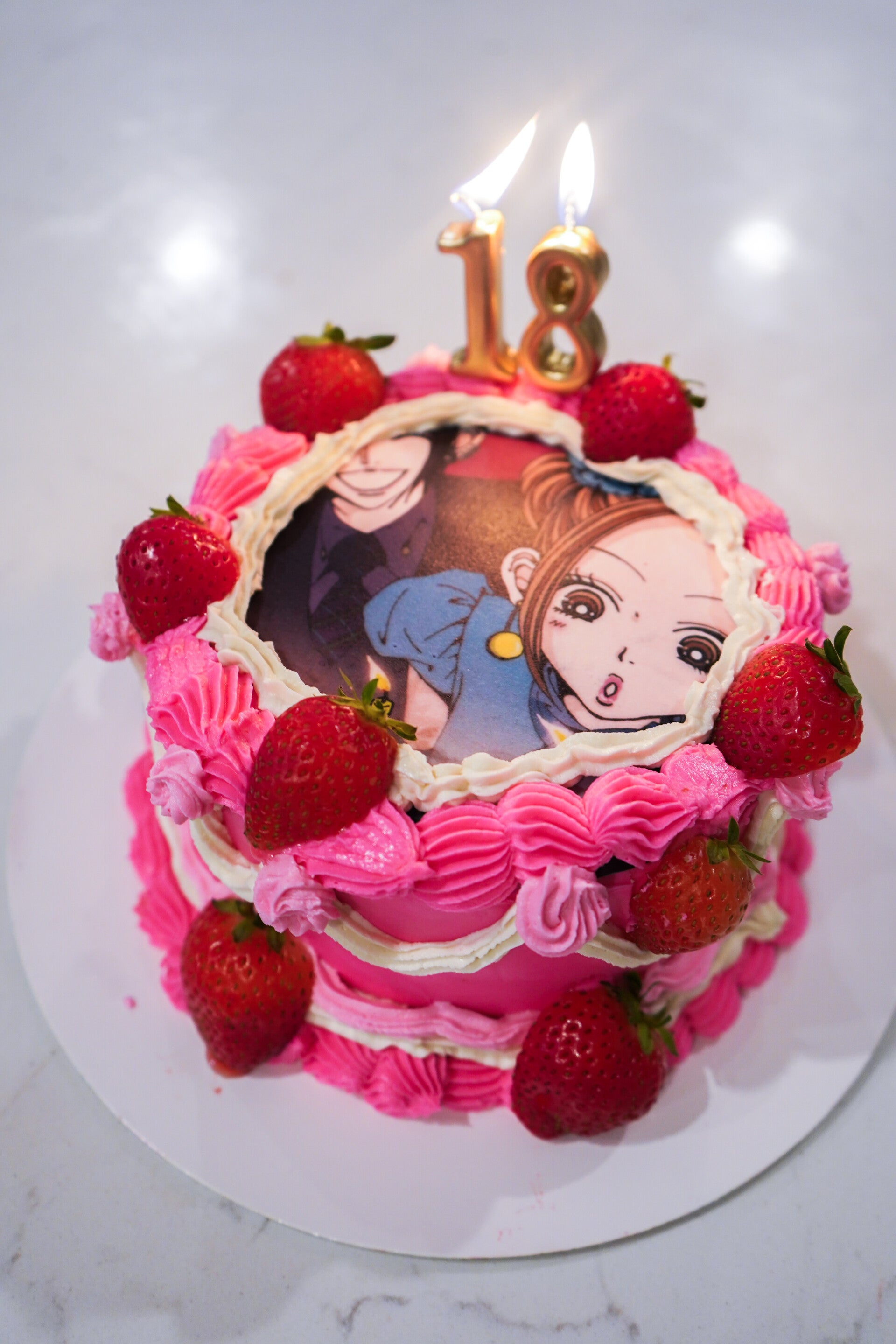 6inch Pink Nana cake with vintage piping and strawberries