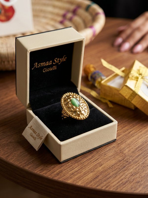 Asmaa Style Gioielli Anello Artiganale Gold con pietra verde