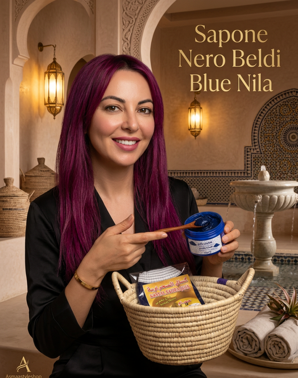 Set sapone nero Nila blu e guanto scrub