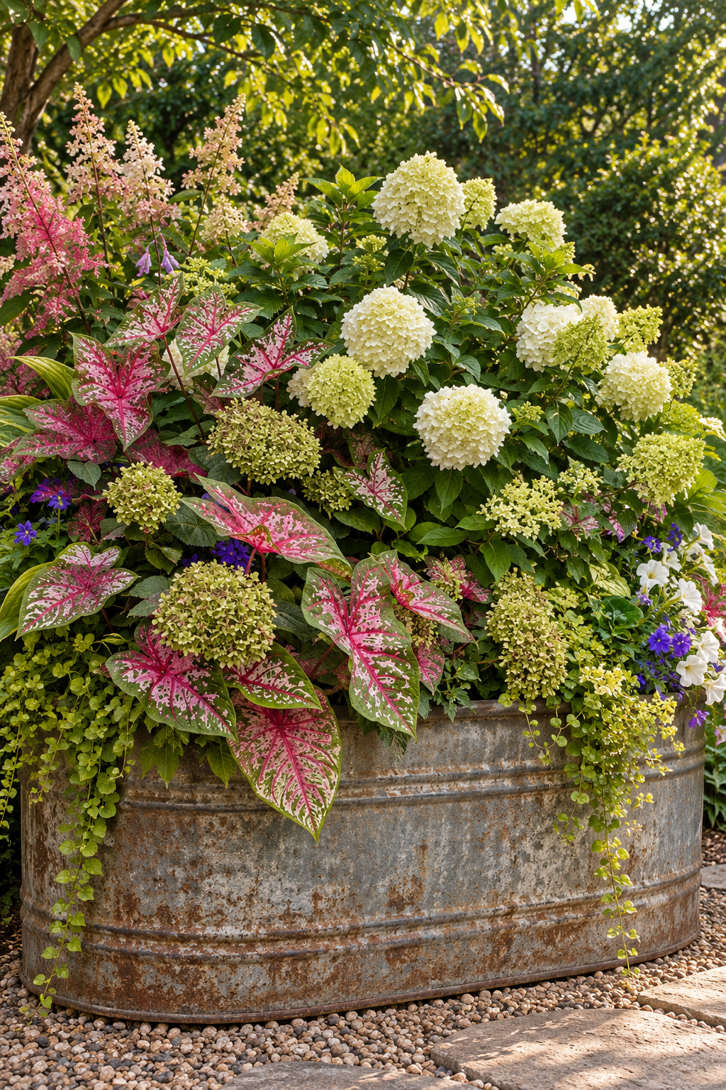 Breathtaking Dual Hydranega and Caladium composition in an oversized rustic water trough 