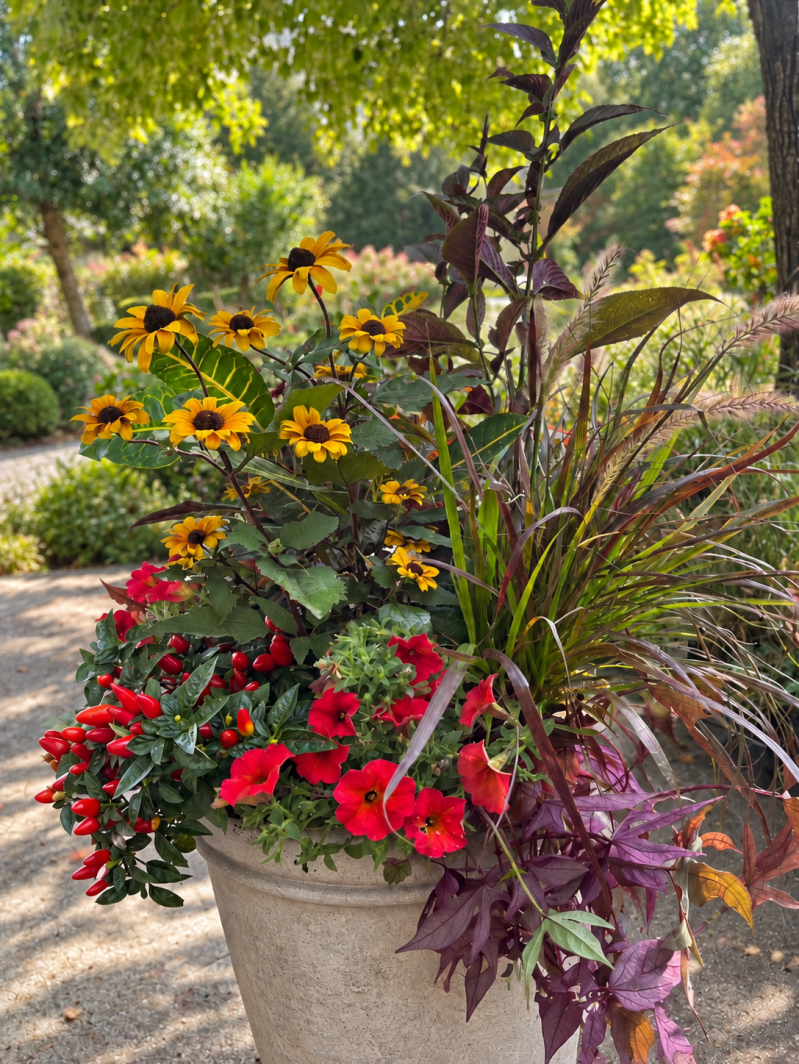 Sweet potatoe vine and spicy decorative pepper pot