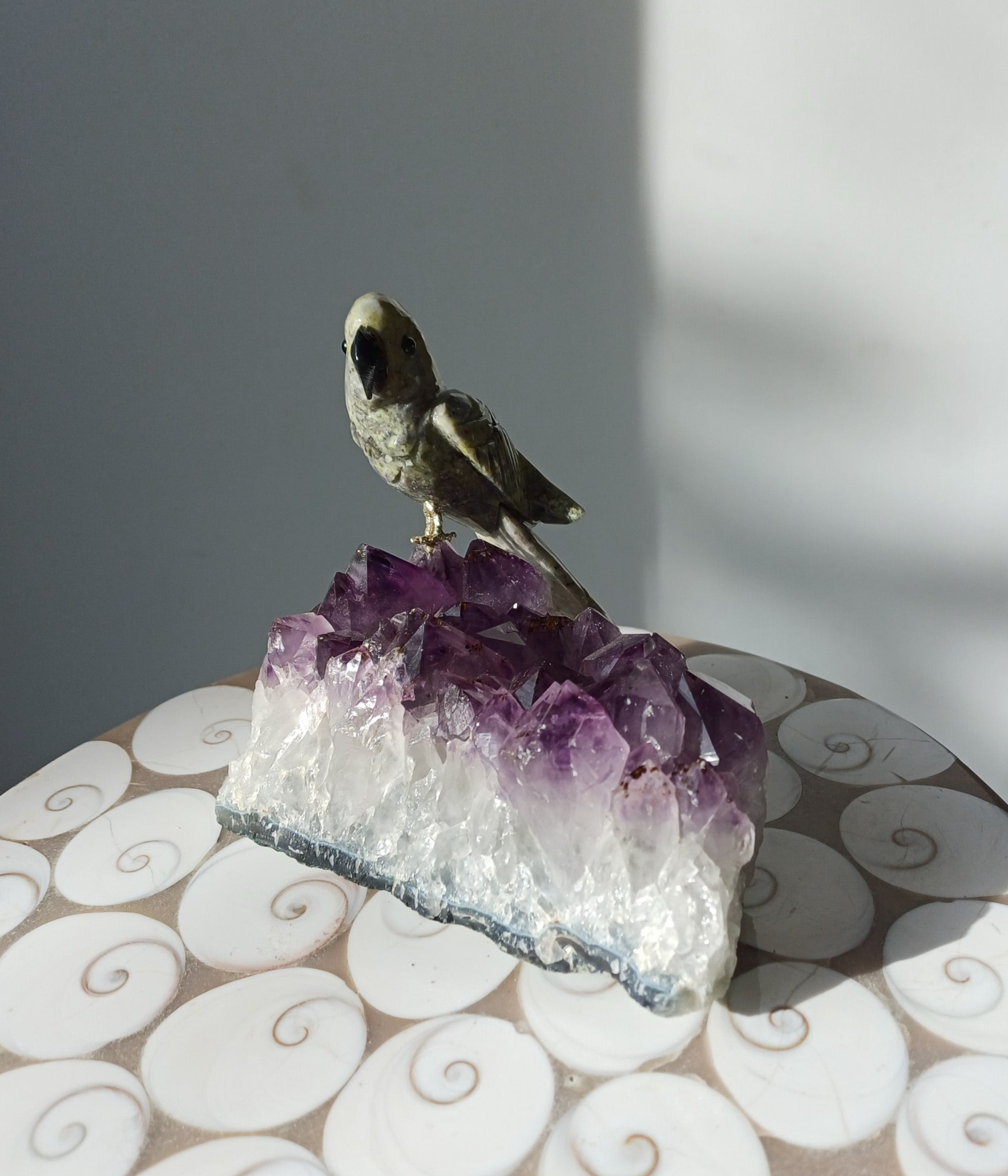 Amethist cluster met jaspis papegaai