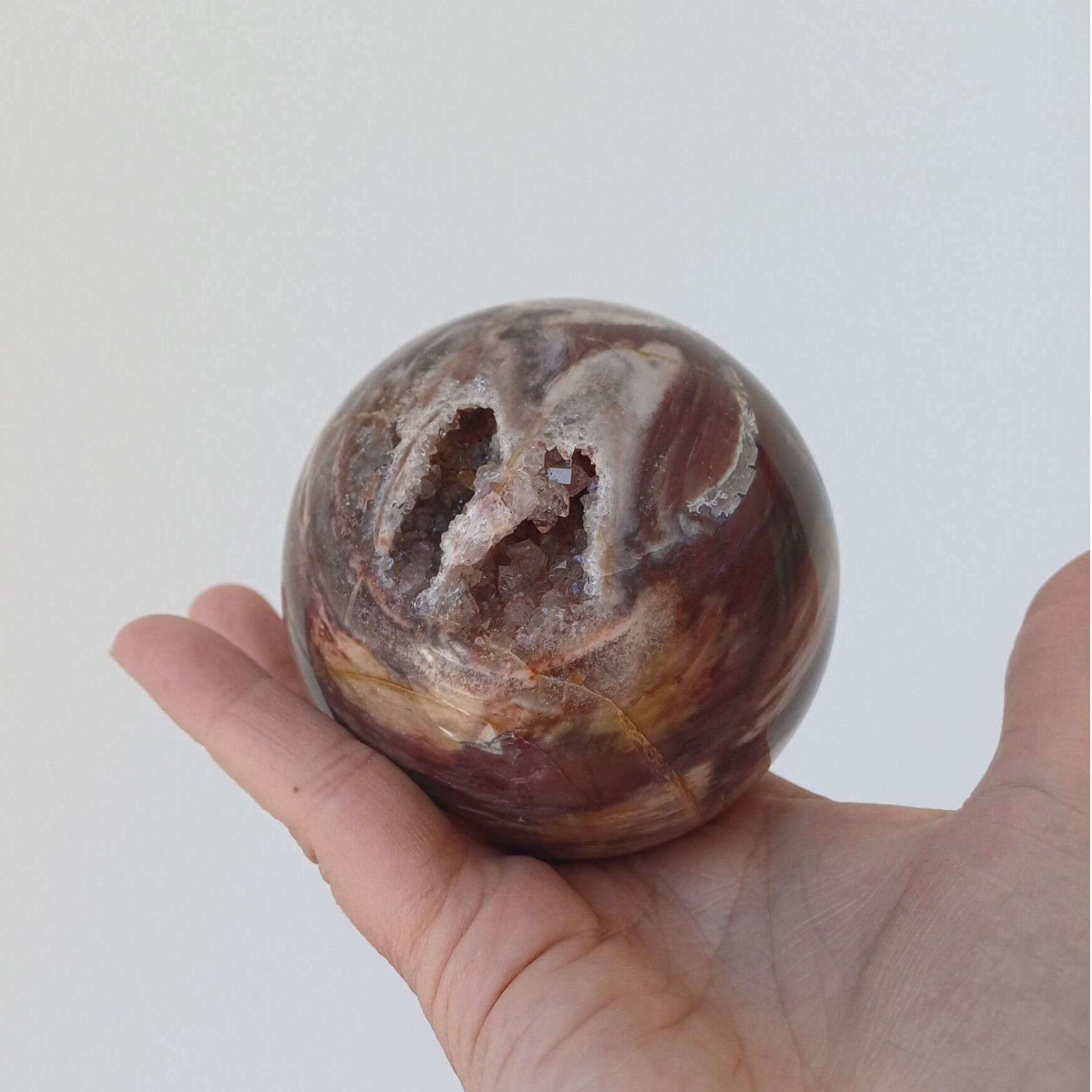 Versteend hout bol met druzy