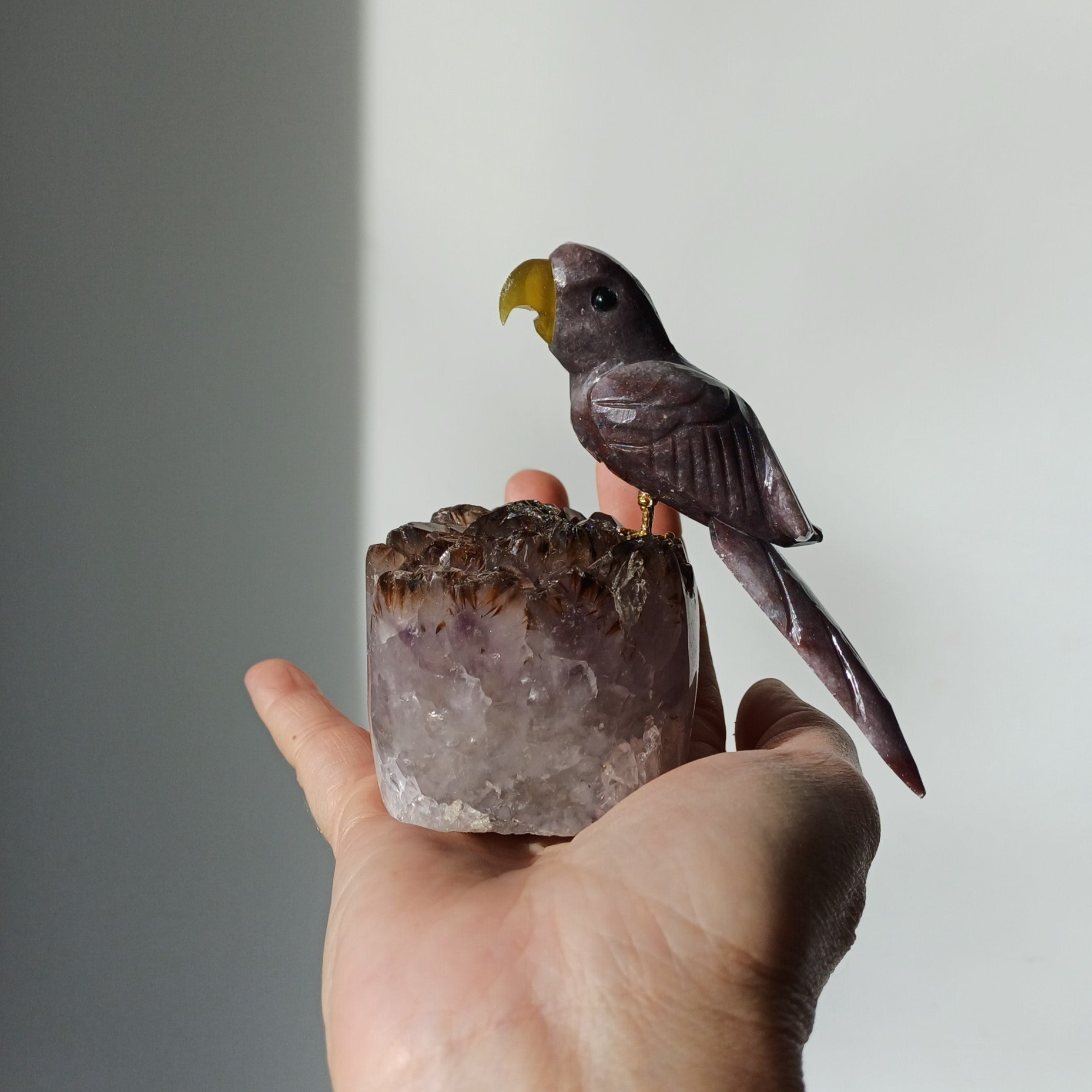 Gepolijste amethist met jaspis papegaai