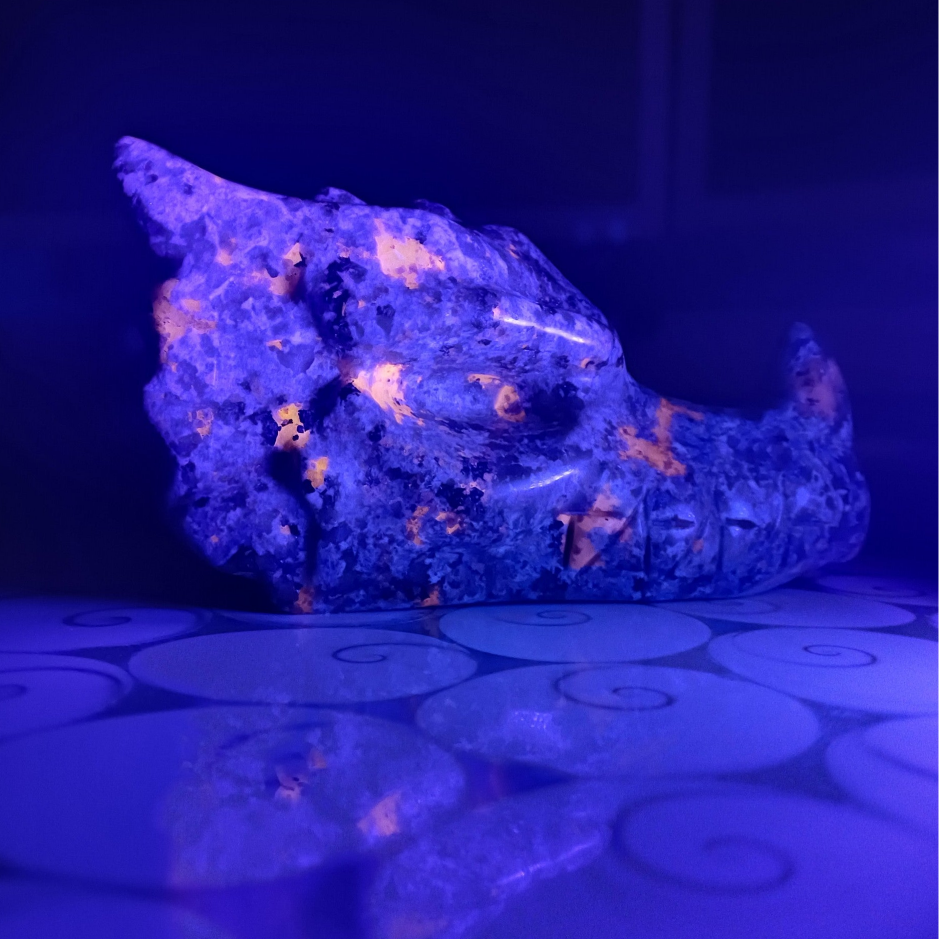 Syeniet met sodaliet (Yooperlite) carving (drakenschedel) met uv-reactie