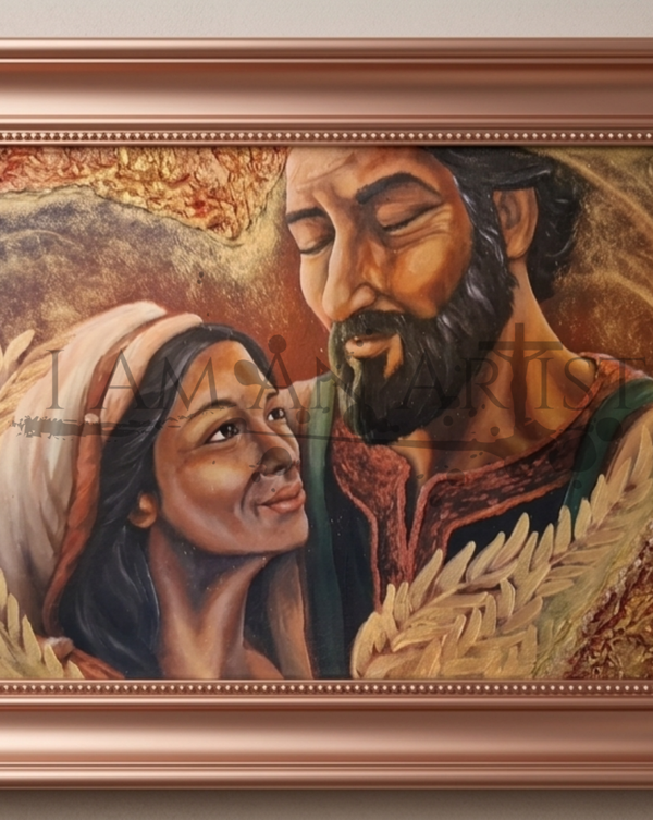 Ruth and Boaz 12×24" mixed media(acrylic, acrylic pour and aluminum foil)