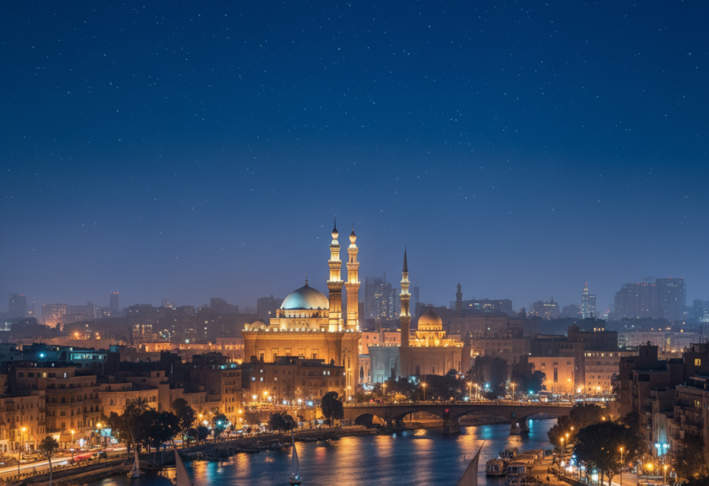 Vista nocturna de El Cairo