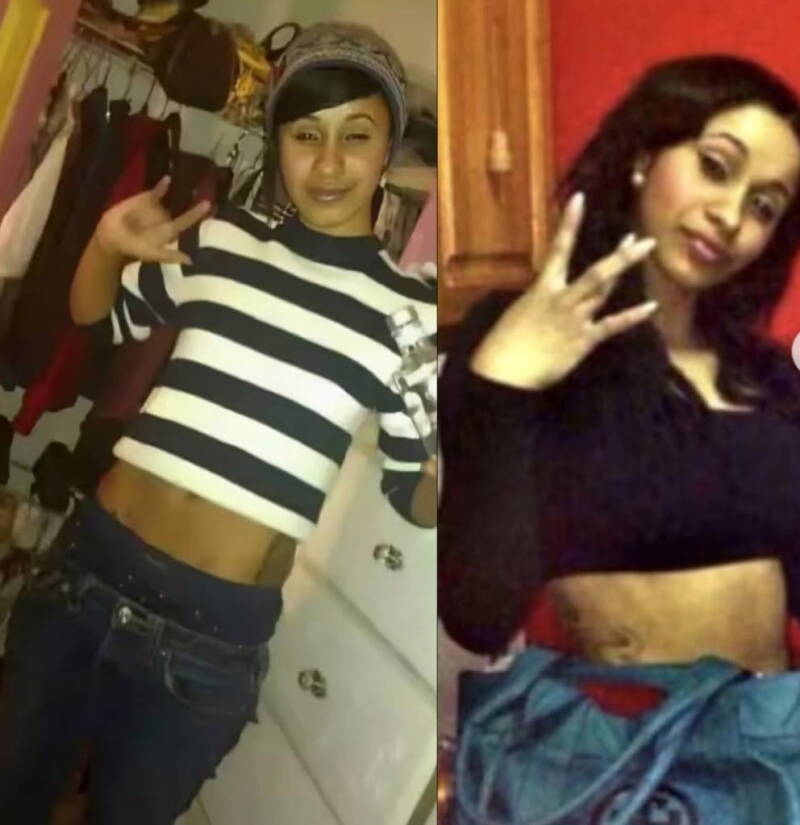 Young Cardi B in casual outfits, pre-fame era, striped crop top and jeans, showing hand sign, early life and style, autobiography visual.