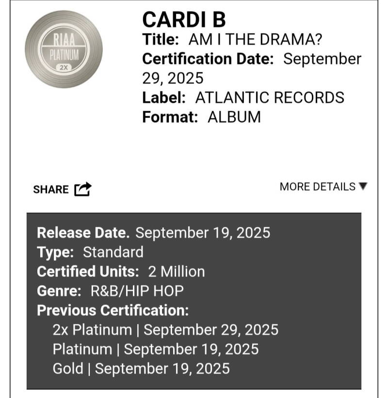 cardi B’s certification by riia that her album Am I the drama is 2x platinum 
