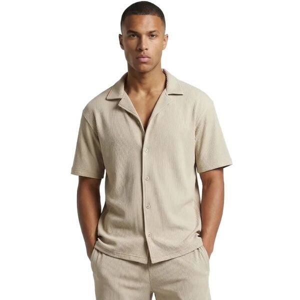 Malelions Men Ribbed Camp Collar Shirt Light Taupe