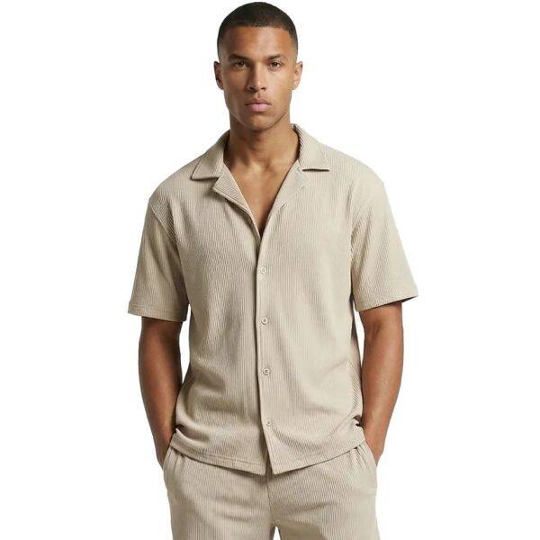 Malelions Men Ribbed Camp Collar Shirt Light Taupe