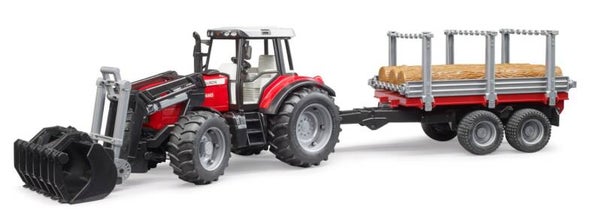 Bruder 02046 Massey Ferguson 7480 mit Frontlader, Holztransportanhänger und 3 Baumstämmen