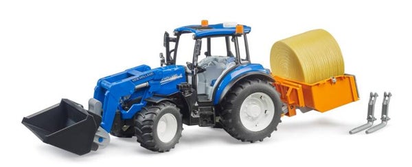 Bruder 02187 New Holland T5.120 mit Frontlader, Ladekasten, Gabeln und Rundballen