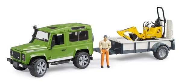 Bruder 02593 Land Rover Defender Station Wagon mit Einachsanhänger, JCB Mikrobagger 8010 CTS und Bauarbeiter