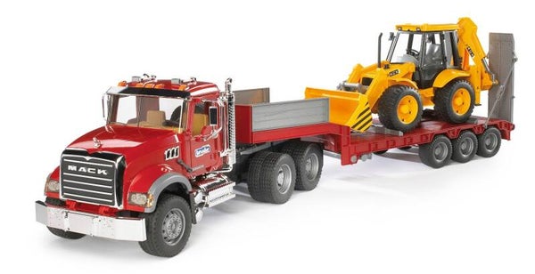 Bruder 02813 MACK Granite LKW mit Tieflader und JCB 4CX Baggerlader