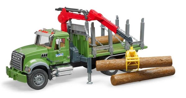 Bruder 02824 MACK Granite Holztransport-LKW mit Ladekran, Greifer und 3 Baumstämmen