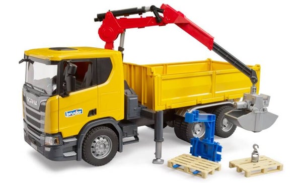 Bruder 03551 Scania Super 560R Baustellen-LKW mit Kran und 2 Paletten