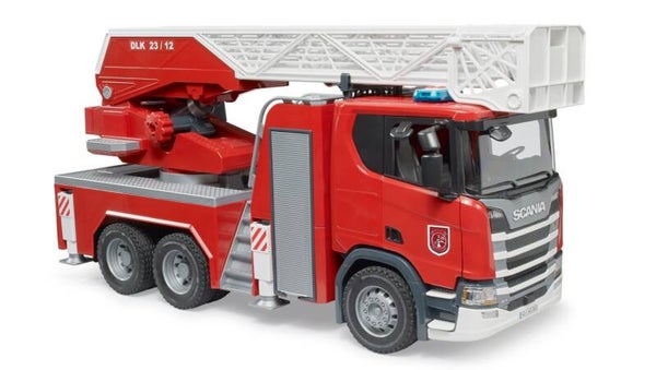 Bruder 03591 Scania Super 560R Feuerwehr mit Drehleiter, Wasserpumpe und Light & Sound Modul
