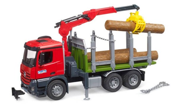 Bruder 03669 MB Arocs Holztransport LKW mit Ladekran, Greifer und 3 Baumstämmen