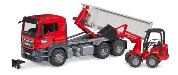 Bruder 03767 MAN TGS LKW mit Abrollcontainer + Schäffer Hoflader 2630