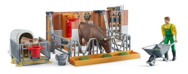 Bruder 62611 bworld Kuh- und Kälberstall mit Landwirt, Kuh und Kalb