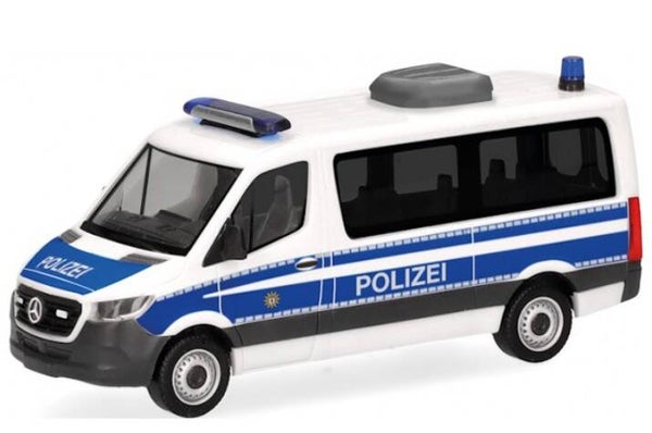 Herpa 099127 1:87 Mercedes-Benz Sprinter 18 Bus Flachdach, Bundespolizei, weiss/blau