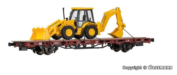 Kibri 26260 H0 Niederbordwagen mit Baggerlader JCB 4CX 4x4x4, Fertigmodell