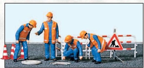 Preiser 10445 Kanalarbeiter, Absperrung, Kanaldeckel