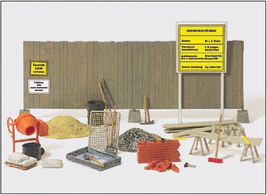 Preiser 17177 Betonmischer, Bauzaun, Werkzeug etc.