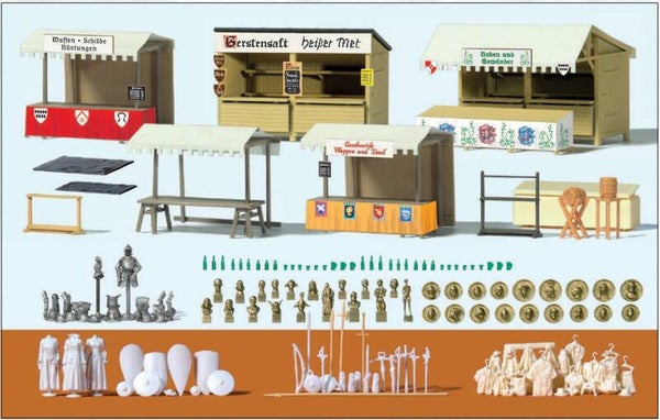 Preiser 17216 Verkaufsstände und Zubehör Mittelaltermarkt