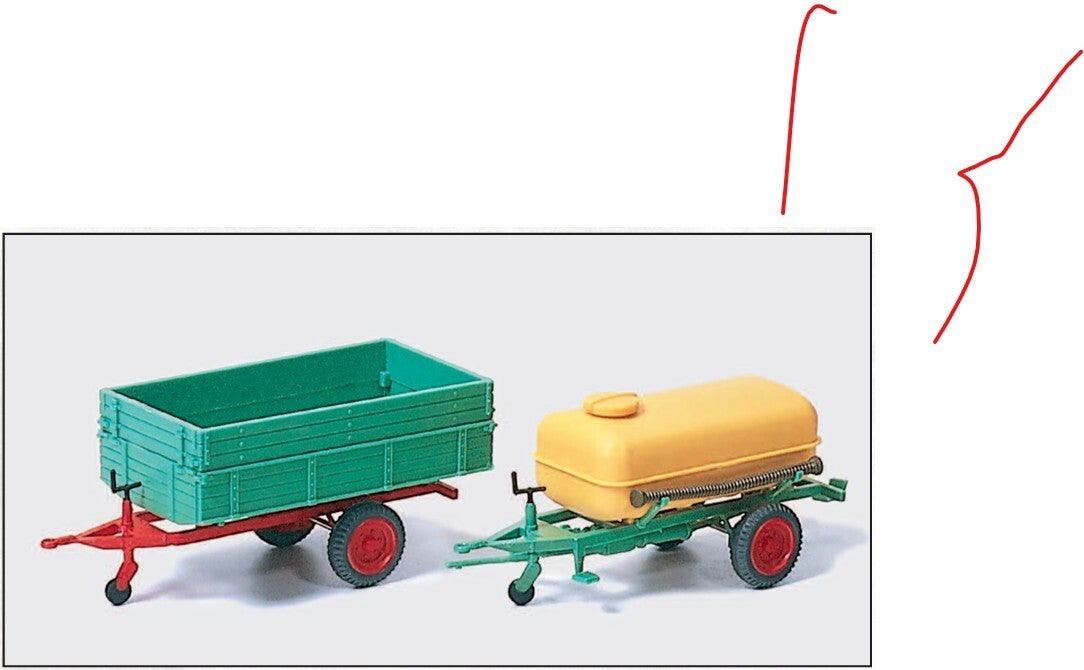 Preiser 17917 Einachsanhänger mit Ladepritsche (Kipper) und Einachsanhänger mit Fass