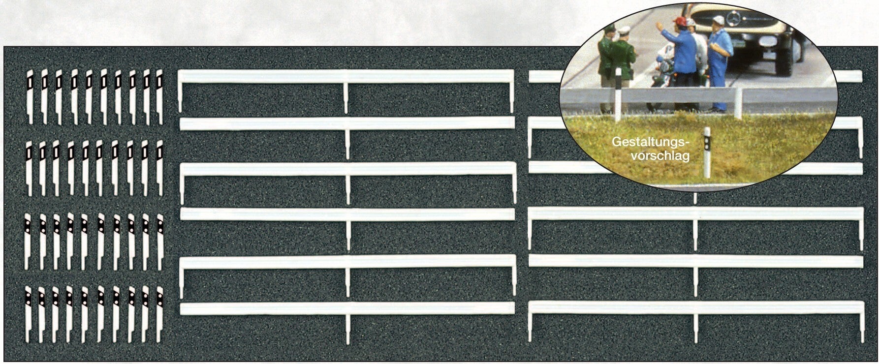 Preiser 18202 Leitpfosten und Schutzplanken, 52 Bauelemente
