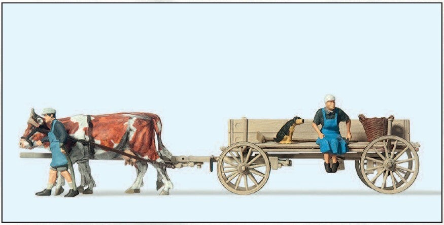 Preiser 30412 Bauernwagen, 2 Bauersleute, 2 Kühe, Hund