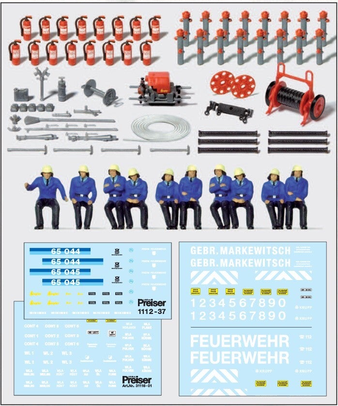 Preiser 31010 Feuerwehr-Set, Tragkraftspritze, Saugschläuche, Schlauchhaspel, Feuerlöscher
