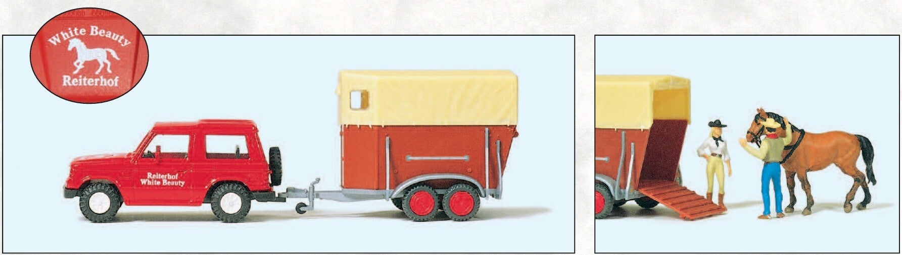 Preiser 33243 Mitsubishi Pajero "Reiterhof" mit Anhänger, 2 Miniaturfiguren und Pferd
