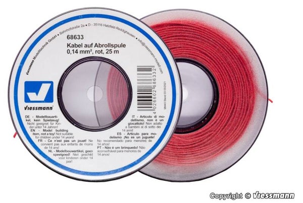 Viessmann 68633 Kabel auf Abrollspule 0,14 mm², rot, 25 m