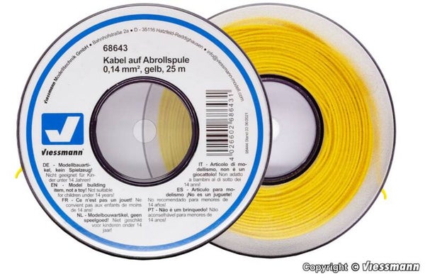 Viessmann 68643 Kabel auf Abrollspule 0,14 mm², gelb, 25 m
