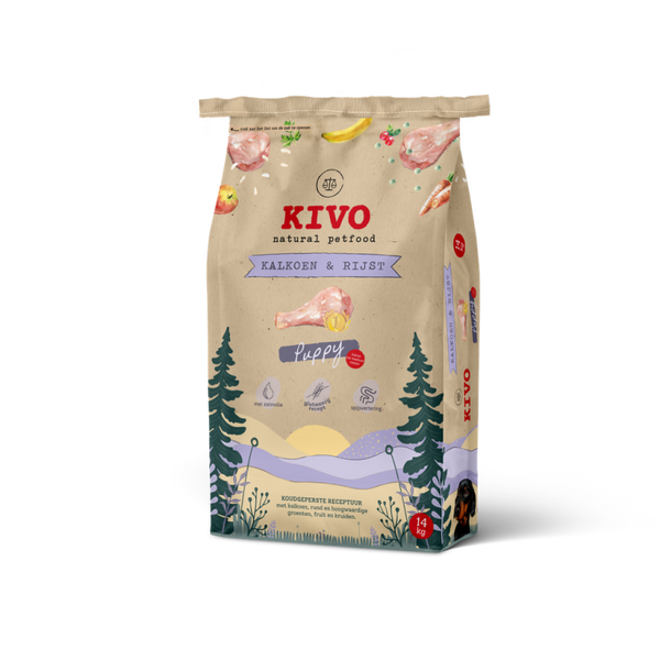Kivo persbrok KALKOEN & RIJST Puppy 14kg