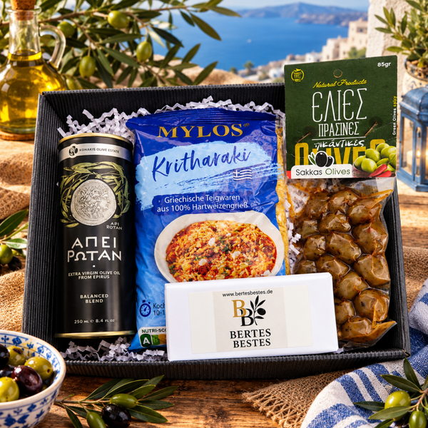 Griechischer Genuss-Geschenkkorb | Olivenöl, Kritharaki, Oliven & Schokolade