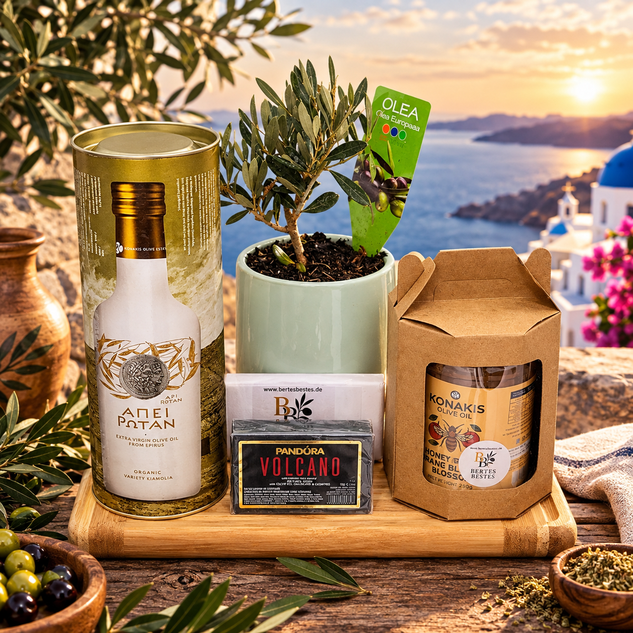 Griechisches Premium-Geschenkset – Olivenöl, Honig & mediterrane Spezialitäten auf edlem Holzbrett