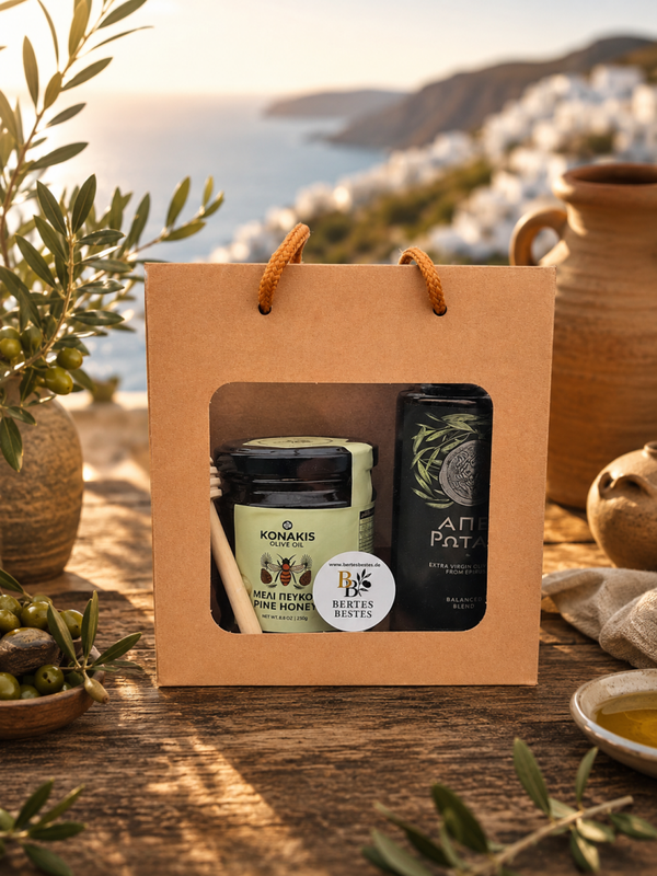 Luxuriöses Feinkost-Geschenkset mit Olivenöl & griechischem Honig