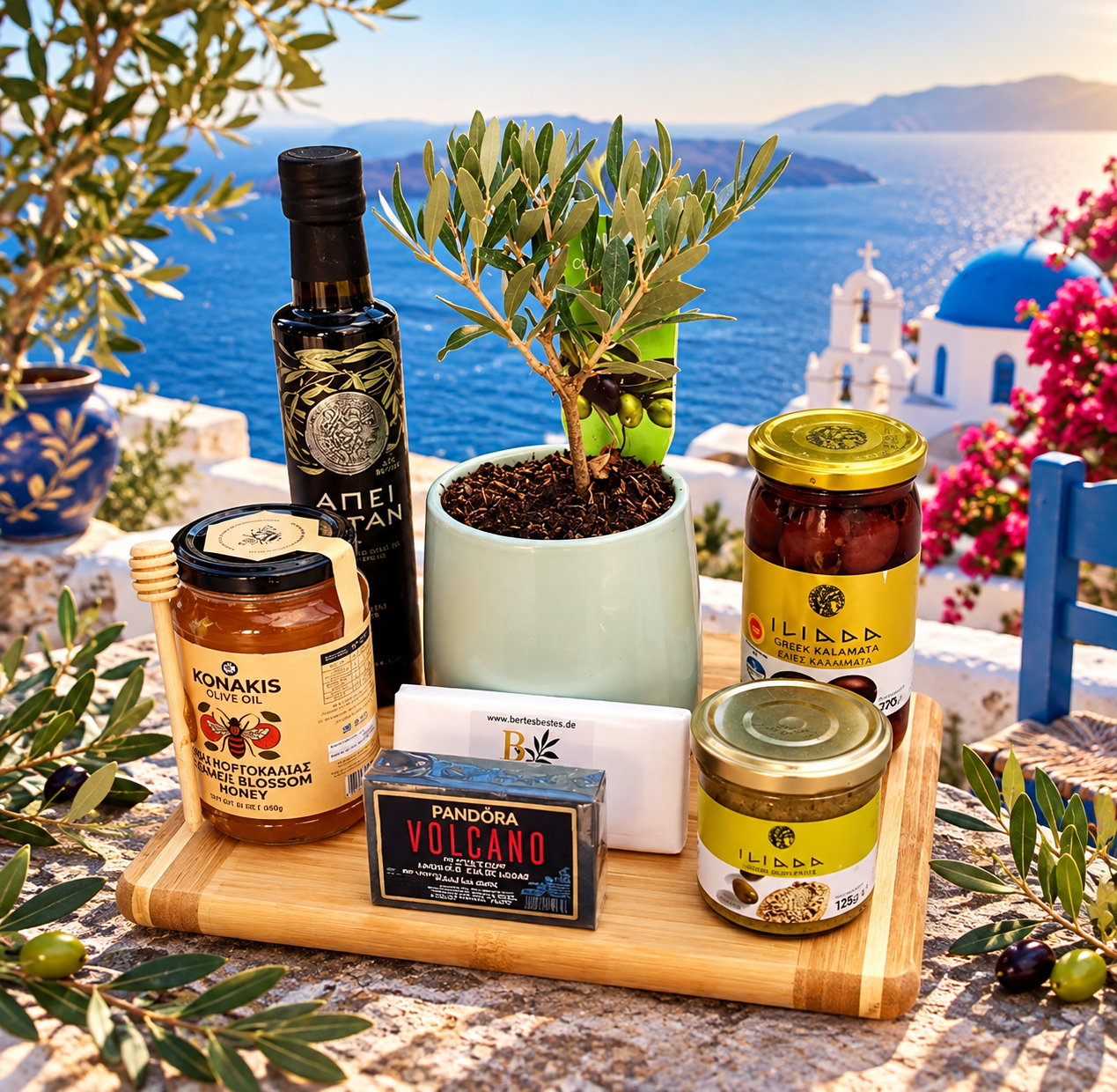 Exklusives griechisches Feinkost-Geschenkset mit Olivenbaum