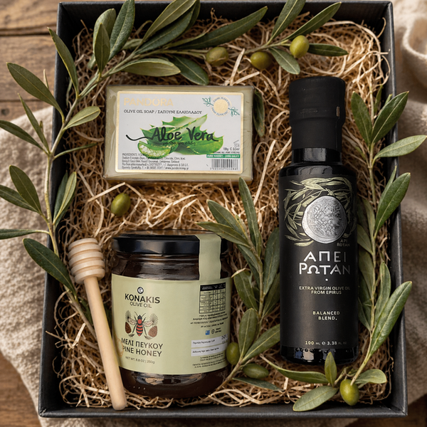 Exklusives Natur-Set: Olivenöl aus eigener Produktion, Olivenöl-Seife & Premium Honig aus Griechenland