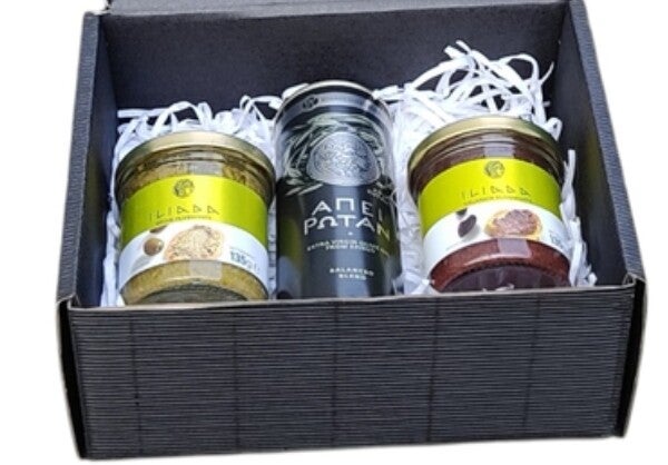 Exklusive Feinkost-Geschenkbox mit Olivenöl & Olivenpasten – luxuriös verpackt in schwarzer Premium-Kartonage