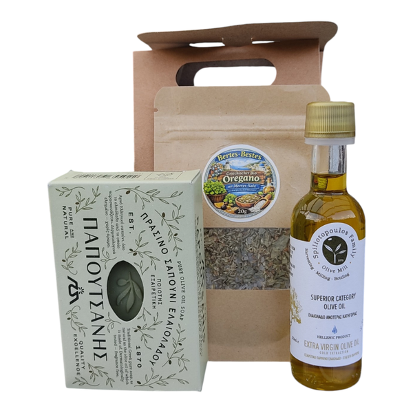 Griechisches Genuss-Set – Natives Olivenöl, Olivenölseife & Oregano-Meersalz