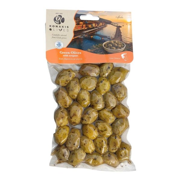 Vakuumverpackte Riesenoliven grün in Oregano-Marinade -250 g