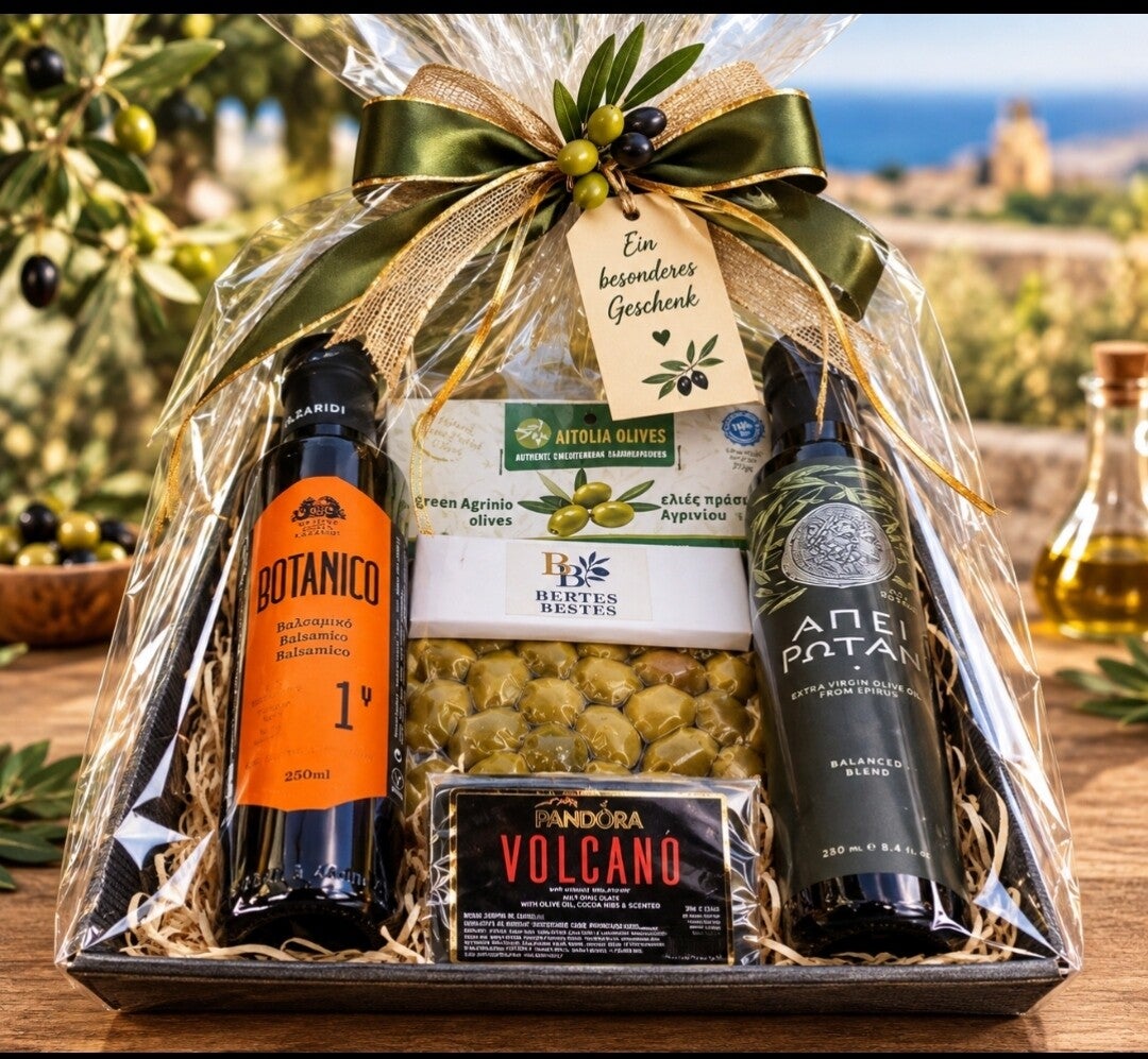 Bertes-Bestes Premium-Geschenkkorb – Griechischer Genuss & ausgewählte Spezialitäten | Olivenöl, Balsamico, Oliven, Olivenölseife & Schokolade