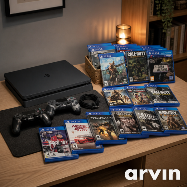 PLAYSTATION 4 SLIM 1TB + 2 MANETTES + CHARGEUR DOUBLE + FILS REQUIS + 20 JEUX