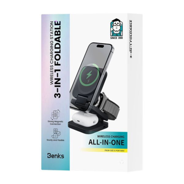 Support de Charge Sans Fil 3-en-1 JuicePod Benks - Charge Rapide et Connexion Magnétique Puissante pour Trois Appareils - Blanc